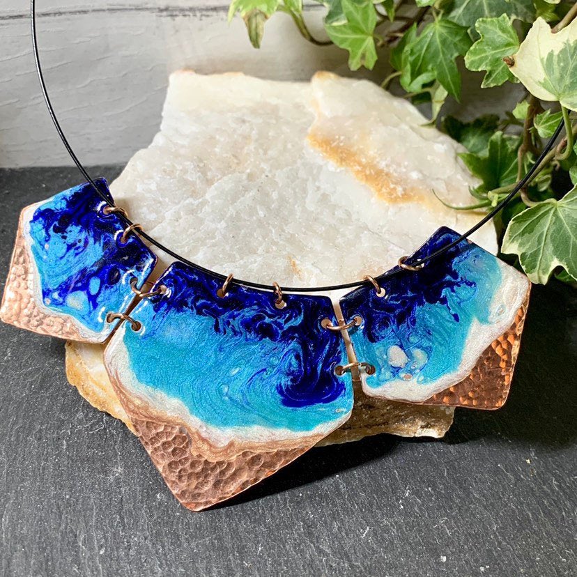 Checkout this bold beach themed necklace now available to order from my  #etsy store.  #jewellery #necklace #chunkyjewellery #chunkynecklace #recycledcopper #bluenecklace #bluejewellery etsy.me/2SHh4f4