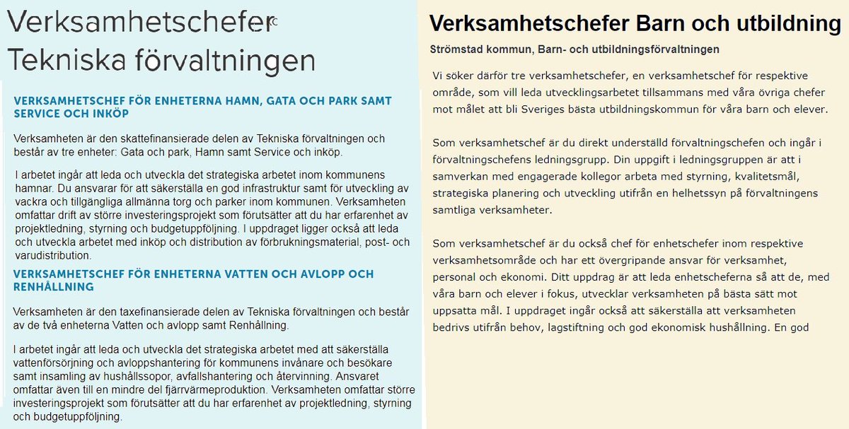 Om man vill ha ett chefsjobb är Strömstad en bra kommun. Nu finns två nyskapade chefsposter på tekniska förvaltningen och tre nya chefstjänster inom skolförvaltningen. I äldreomsorgen finns ett jobb som enhetschef. 
facebook.com/stromstadsnyhe…
#tsbalans #budget2020 #effektivisering