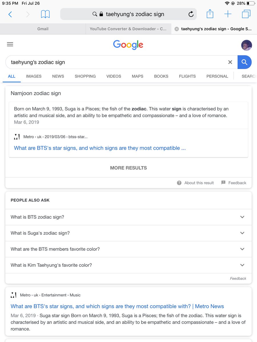 sydneypazm's tweet image. I searched up “taehyungs zodiac sign” but “Namjoons zodiac sign” came up instead then it showed “Sugas zodiac sign”?! Google EXPLAIN!!! #FIXGOOGLE #BTS #ARMY #bangtanseonyeondan