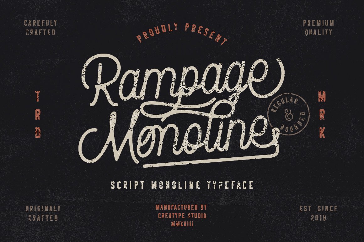 fontjournal's tweet image. Rampage Monoline Script by Creatype Studio. Cursive Monoline Vintage Display Lettering Signage Style Script Typeface Family with a Variety of Textures. SUPER SALE (Only $1 USD) at Crella! ~  w3n.us/RampageMonolin…