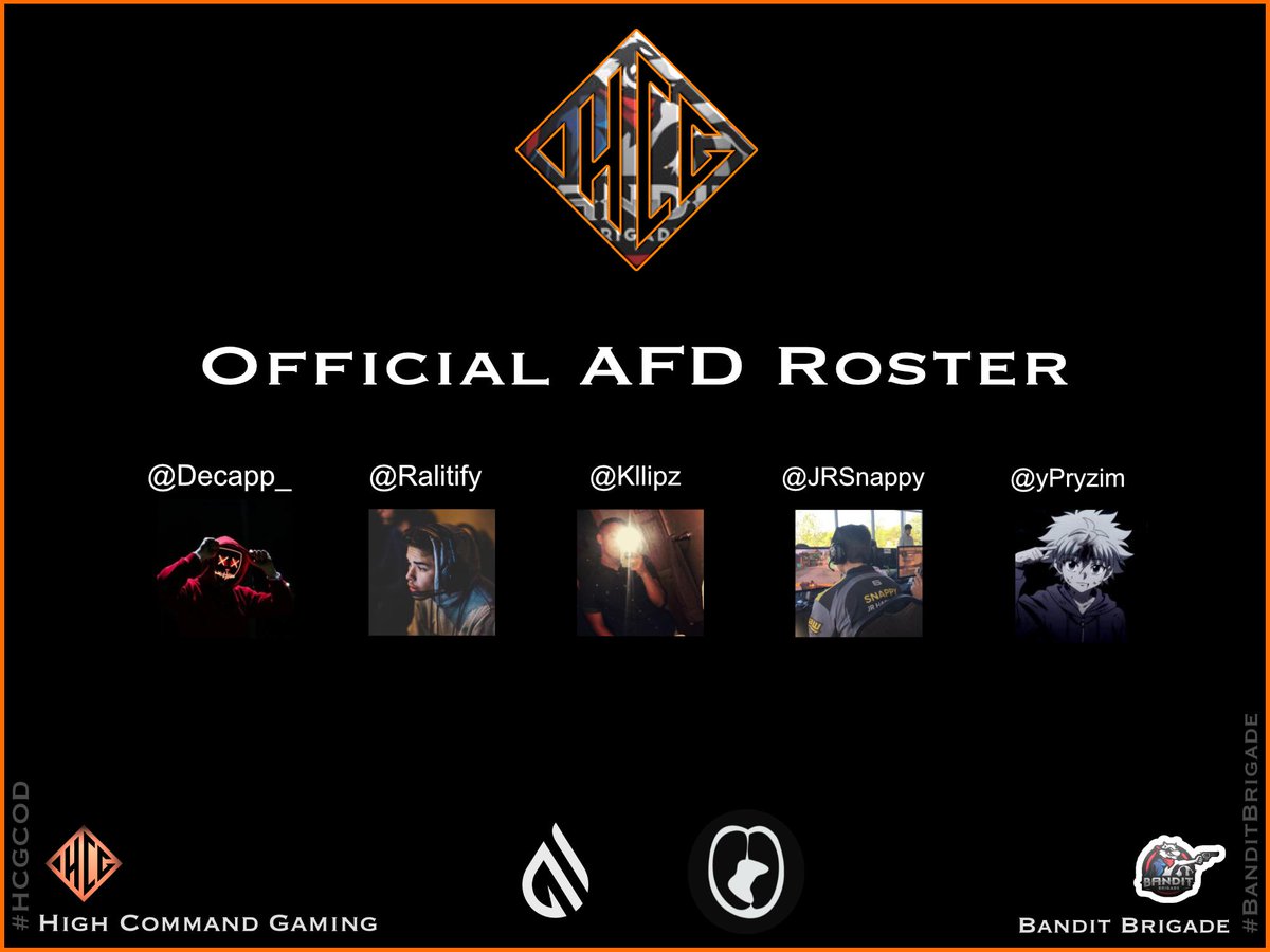 HiCoGaming's tweet photo. HCG and @BanditsGG are excited to announce our roster for @AFDeSports Aug. 17th!!

@JRSnappy 
@Decapp_ 
@Ralitify 
@yPryzim 
@Kllipz 

#BanditBrigade
#HCGCOD https://t.co/NeC6Ad4Nfg