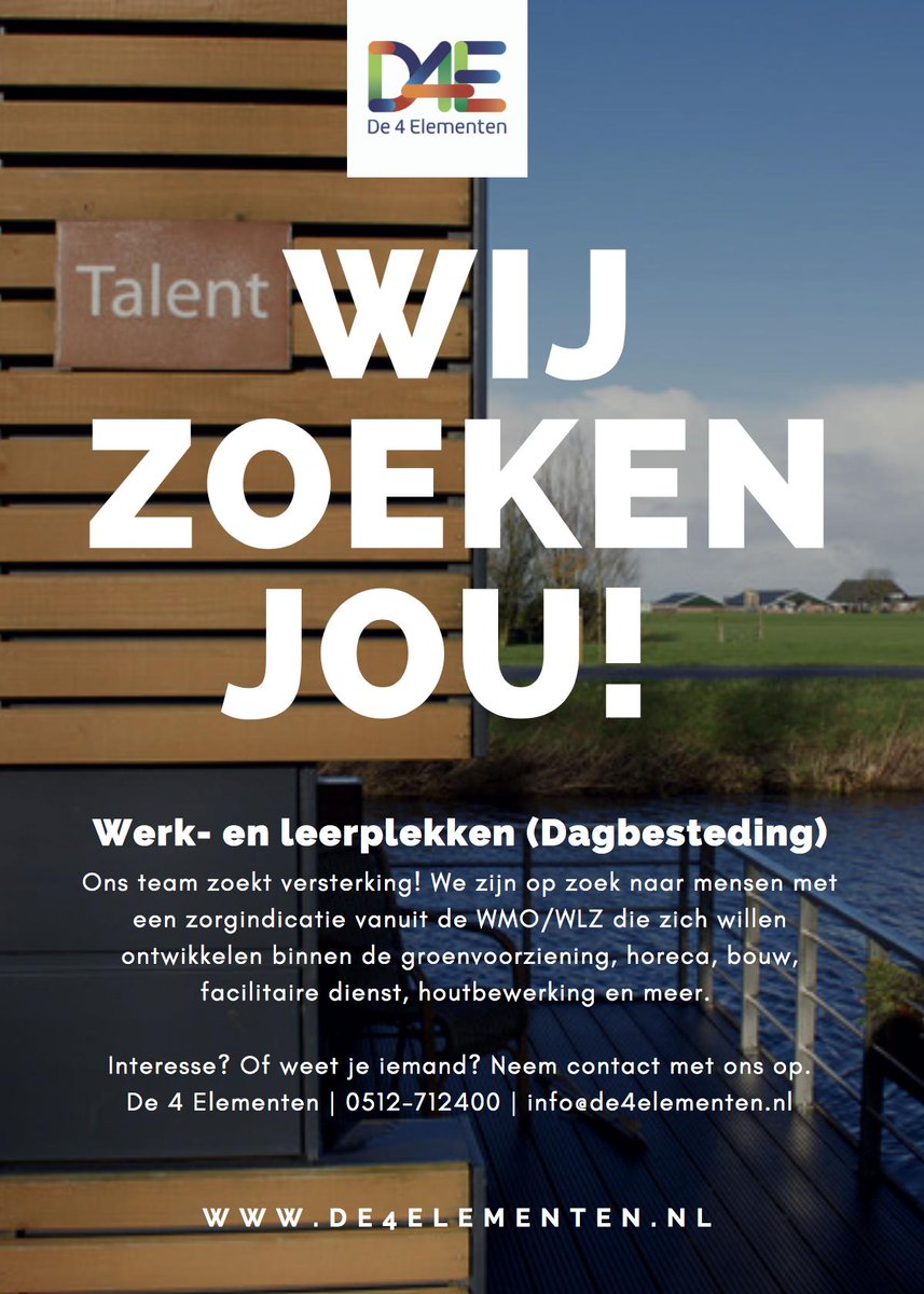 Nieuwe #Begeleid Werk-/leerplekken in de #bouw, #horeca, #groenvoorziening, houtbewerking en facilitaire dienst. Een vak leren op eigen tijd en naar eigen vermogen. Kijk voor meer informatie op de4elementen.nl/begeleidwerken