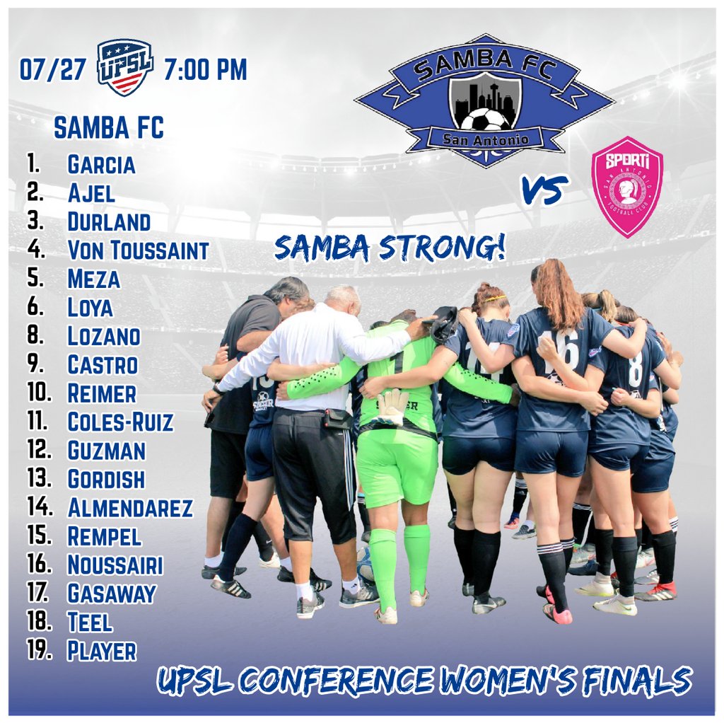 SambaFCSA's tweet photo. IT'S GOING TO GET SERIOUS UP IN HERE!!! UPSL CONFERENCE WOMEN'S FINALS! πͺπͺπ₯β½
#WeAreSamba #YourClub #Sambitas #SambaStrong #SambaFamily #ItsOurTime #BecauseWeCan #GoingForTheUPSLCup @UPSLsoccer @UPSLCentral https://t.co/PlNyVgwhNe