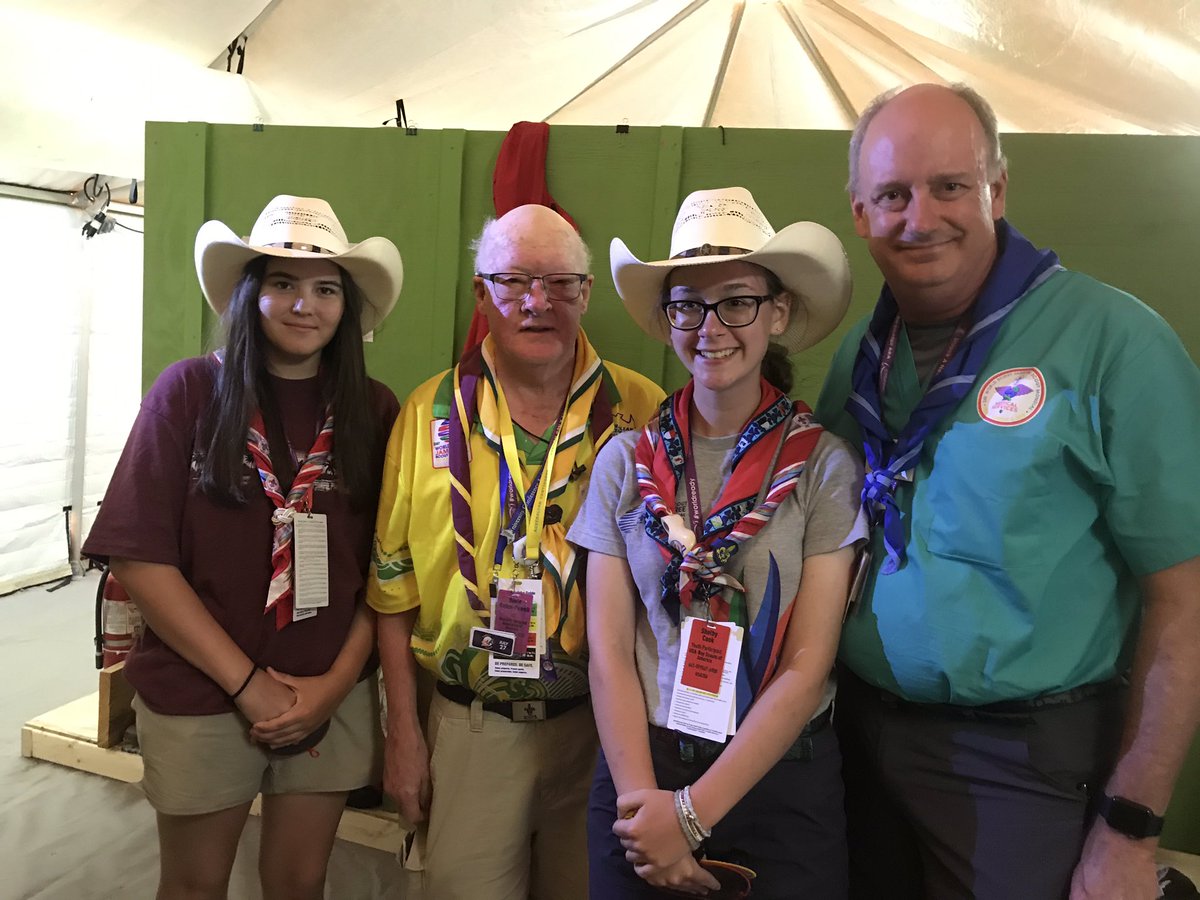 DougCookOD's tweet photo. @shelbydcook meets @gordongee &amp; grandson of Robert Baden Powell (Michael) within minutes at #ScoutJamboree #Random #Fellowship https://t.co/UcHGlURbZs