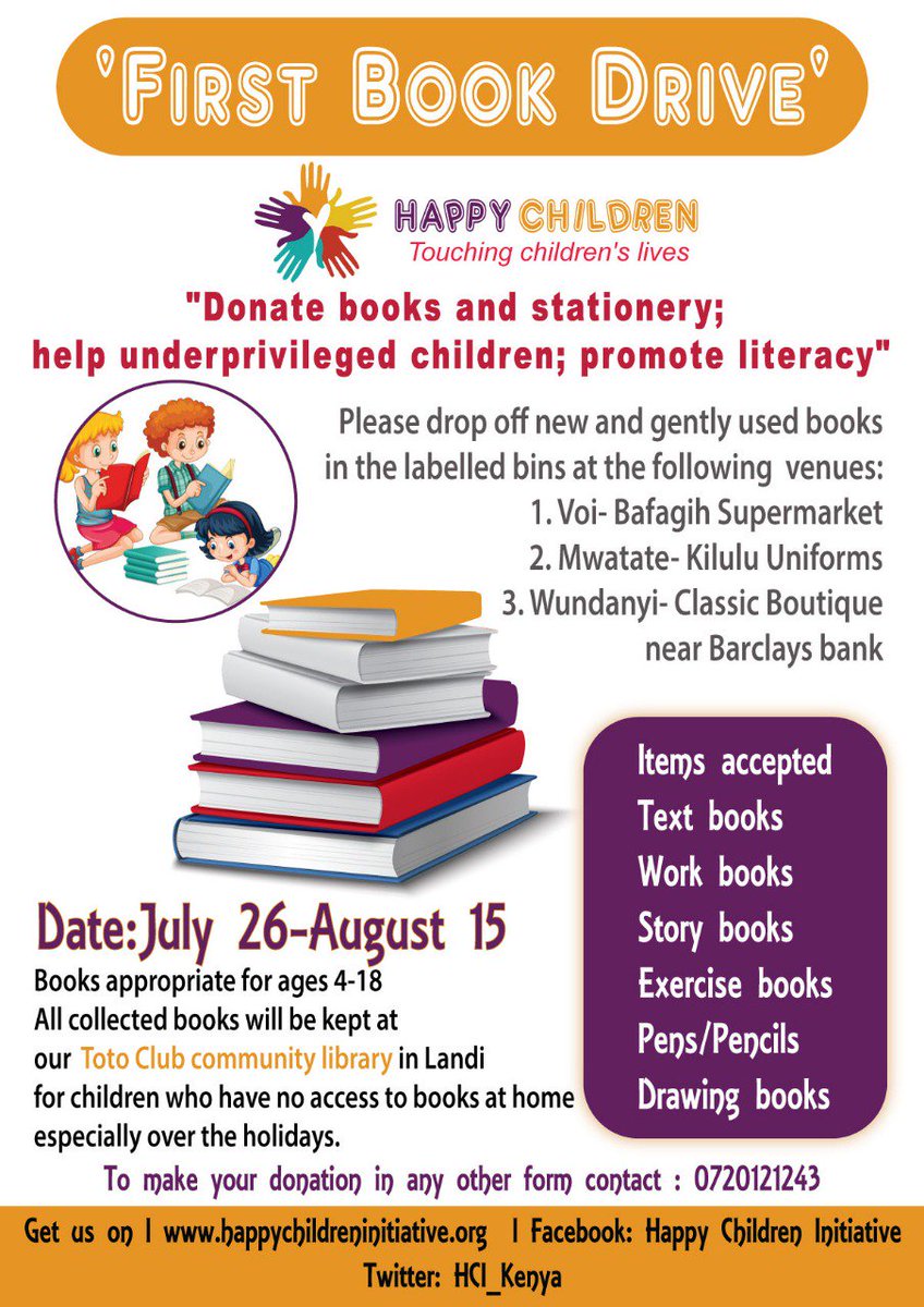 BintiRigha's tweet photo. Our @HCI_Kenya book drive is on for a community library for the less privileged kids in Taita Taveta. Please donate books. Let's promote literacy.  @UNICEFEducation @USAIDKenya @UKaid @OUPChildrens @ntvkenya
@KTNKenya @MbuguaNganga @WildlifeWorks https://t.co/bfqzzEZdTb