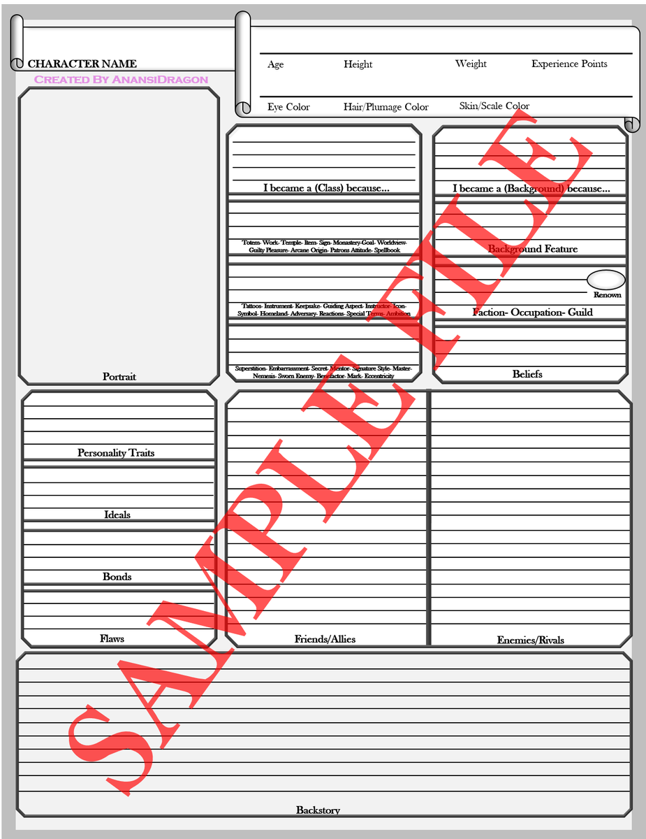 Anansi_Dragon's tweet photo. @Linkara19 can you retweet please?
ITS FINALLY DONE! A four page custom character sheet for D&amp;D Players! And at the request of @joshscorcher I am in the works of turning these into fallible PDF files for digital players. #dungeonsanddragons #bronydnd #CriticalRole https://t.co/JVpjTkqeTw