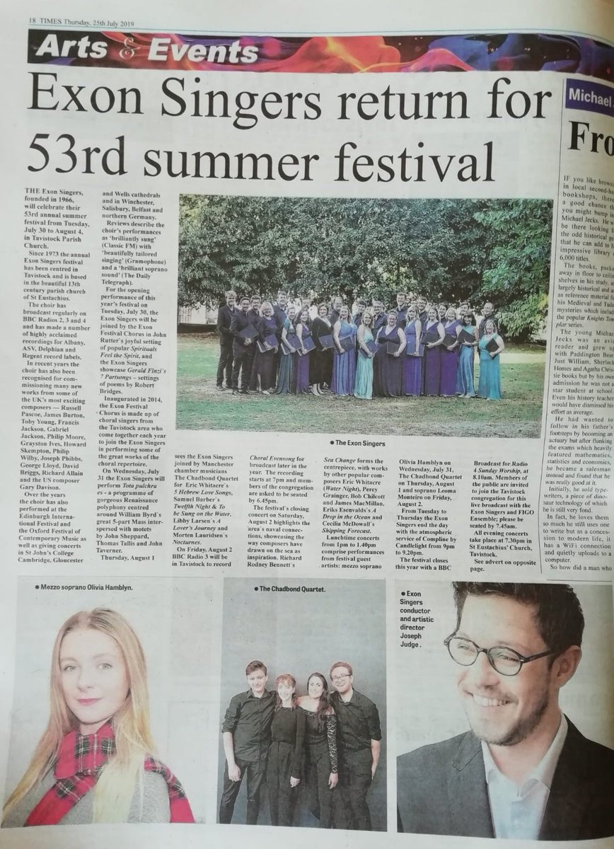 The Exon Singers (@theexonsingers) on Twitter photo Great feature in <a href="/thetimes/">The Times and The Sunday Times</a> about our 53rd annual Festival. Incl music by <a href="/johnmrutter/">John Rutter</a> <a href="/jamesmacm/">James MacMillan</a> <a href="/bobchilcott/">Bob Chilcott</a> <a href="/EricWhitacre/">Eric Whitacre</a> with mezzo sop <a href="/HamblynOlivia/">Olivia Hamblyn</a> and MD @josephjudge28. Join us in gorgeous Tavistock from Tuesday 30 July. Great feature in <a href="/thetimes/">The Times and The Sunday Times</a> about our 53rd annual Festival. Incl music by <a href="/johnmrutter/">John Rutter</a> <a href="/jamesmacm/">James MacMillan</a> <a href="/bobchilcott/">Bob Chilcott</a> <a href="/EricWhitacre/">Eric Whitacre</a> with mezzo sop <a href="/HamblynOlivia/">Olivia Hamblyn</a> and MD @josephjudge28. Join us in gorgeous Tavistock from Tuesday 30 July.