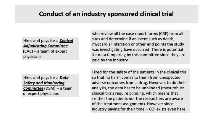 The conflict of interest (COI) is systemic & pervasive at every level of an industry sponsored trial. The study site, research co-ordinators, site principle investigators, central adjudicating committee (CAC), data safety & monitoring board, scientific journals/associations & FDA