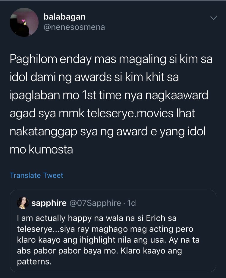 07Sapphire's tweet photo. Oh by the way... awards are recognition pero hindi lng doon nasusukat ang pagiging magaling. Congrats sa idol mo kung ganun, Pabebs!Si Erich? She’s fine! Pinaghuhusayan niya pa lalo craft niya. We love her dearly with or without awards! https://t.co/SBmItrBVOL