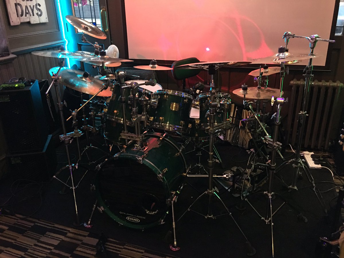 ParisWebb7's tweet photo. RT @Steve_W_Guitar: The Big Green Monster all set up and ready to go with @MissingCat_Band at The Misty Moon, Northwood @YamahaDrums @SABIAN_Cymbals @EvansDrumheads @promarksticks #music #gig #band #tour #show #live #covers #rock #rocknroll #reggae #yama… https://t.co/gf7DbWQ4l3
