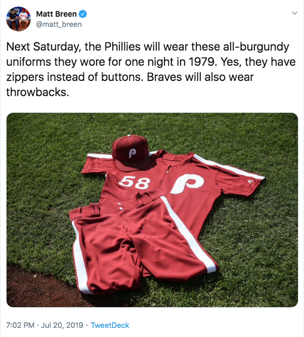 The Phillies all-burgundy jerseys had zippers