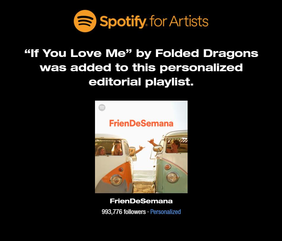 Folded Dragons (@foldeddragons) on Twitter photo It's Saturday aka the weekend (and the weather is ๐ฅ๐ฅ๐ฅ)! Thank you <a href="/spotifyartists/">Spotify for Artists</a> ! ๐
Listen here: open.spotify.com/playlist/37i9dโฆ It's Saturday aka the weekend (and the weather is ๐ฅ๐ฅ๐ฅ)! Thank you <a href="/spotifyartists/">Spotify for Artists</a> ! ๐
Listen here: open.spotify.com/playlist/37i9dโฆ