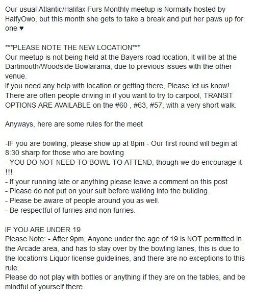 🌟August Halifax FURR-AMA 🎳
Just in time for the weekend of <a href="/AnthroEastCoast/">Anthro East Coast</a> we have a bowling meetup Fri Aug 16th at the Woodside Bowlorama @ 8pm! Fursuiting welcomed! 🦊