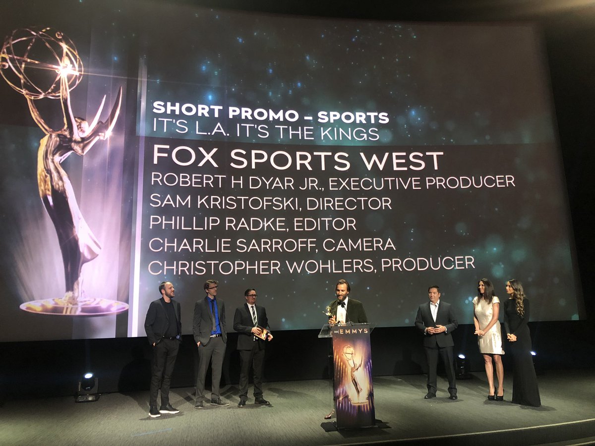 TelevisionAcad's tweet image. The #LAEmmys for Short Promo, Sports goes to Robert H Dyar Jr., Sam Kristofski, Phillip Radke (@phylipsbane), Charlie Sarroff (@CSarroff), and Christopher Wohlers at @FOXSportsWest for “It’s L.A It’s The Kings.”