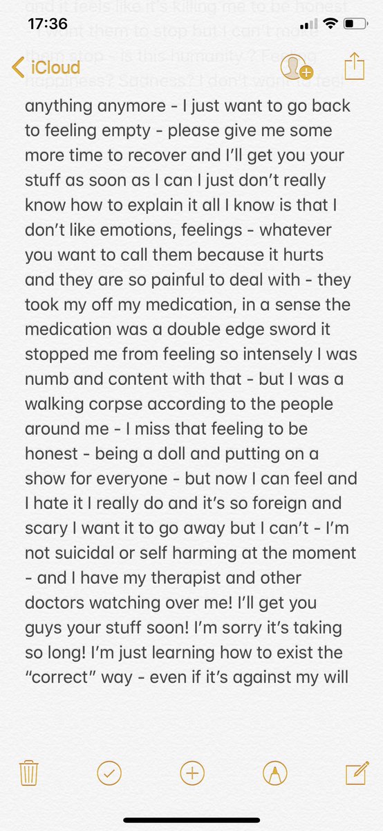 chenstar0506's tweet photo. Update &amp; apologies 
I’m in a safe environment surrounded by people who are looking out for my safety - I’m in a lot of pain and I hate emotions ! 

TW - suicide and self harm mentioned

I want to go back to being cold and empty but apparently that’s not healthy https://t.co/Mg8PgrsKwv