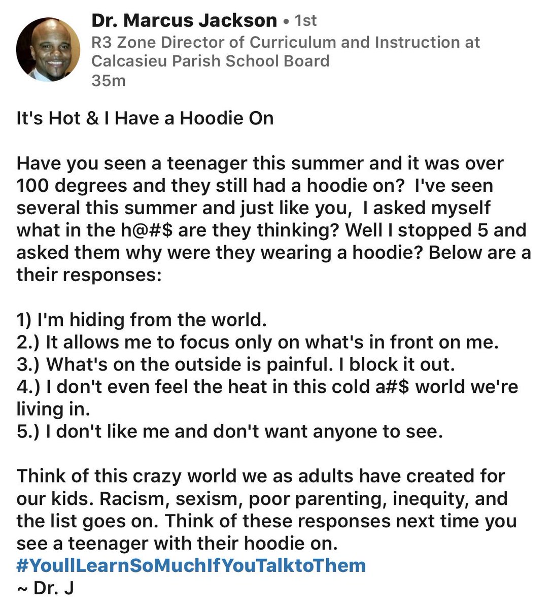 bethhill2829's tweet photo. This is a common thing, and I’ve seen children reprimanded for having their hoodie or jacket on when adults feel they shouldn’t. Children with emotional struggles, physical abuse marks to hide, autism, sensory issues, trauma...lets consider what matters here...safety. https://t.co/ubvxEoYSfj