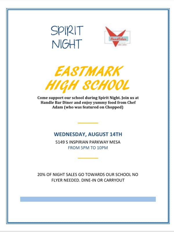 EastmarkHighPTO's tweet photo. Come out and support Eastmark High School on August 14th! #EHS #Eastmark #EastmarkHighSchool #EastmarkHighSchoolPTO #EHSPTO #PTO #handlebardinereastmark #Mesa #QueenCreek #WeAreEHS #Firebirds https://t.co/DIv6guTXEz