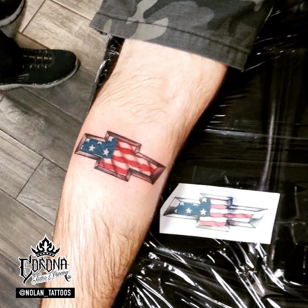 Corona Tattoo & Piercing on X: "@nolan_tattoos throwing down a clean bow tie tattoo on the back of a leg. America and a chevy emblem Tag a CHEVY fan! #chevylogo #coronatattoo #flagtattoo #