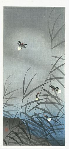 EstherHawdon's tweet photo. "Don't go!  Don't go!
All their calls are lies
first firefly" 
     ― Issa Kobayashi  (trans. David G. Lanoue)

(images: Koson Ohara / Toshikata Mizuno) https://t.co/mlBf4JsXTn