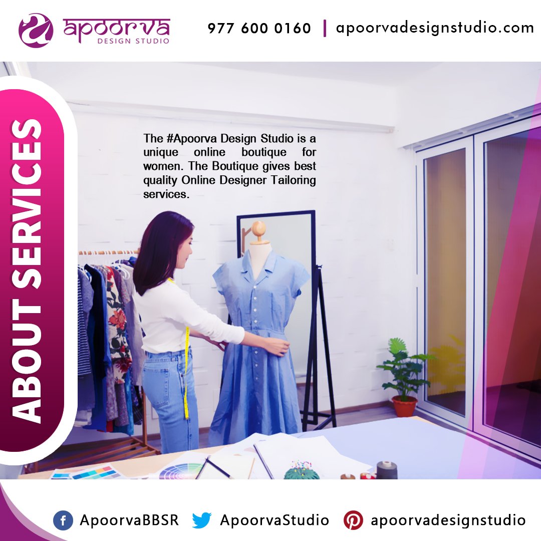 The #Apoorva Design Studio is a unique
online boutique for women. The
Boutique gives best quality Online
Designer Tailoring services. This Boutique
provides you occasion wear, etc
facebook.com/ApoorvaBBSR 
 or  visit us :- apoorvadesignstudio.com