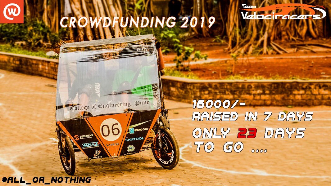 Velociracers's tweet photo. We would like to thank all our backers who backed our team and believed in us.
With 23 days left, we request you to visit our campaign and join our endeavor towards a fuel-free, pollution free and healthy society.
For more information, click the link in bio!
#fueledbyidealism https://t.co/RjNwQUGbmp