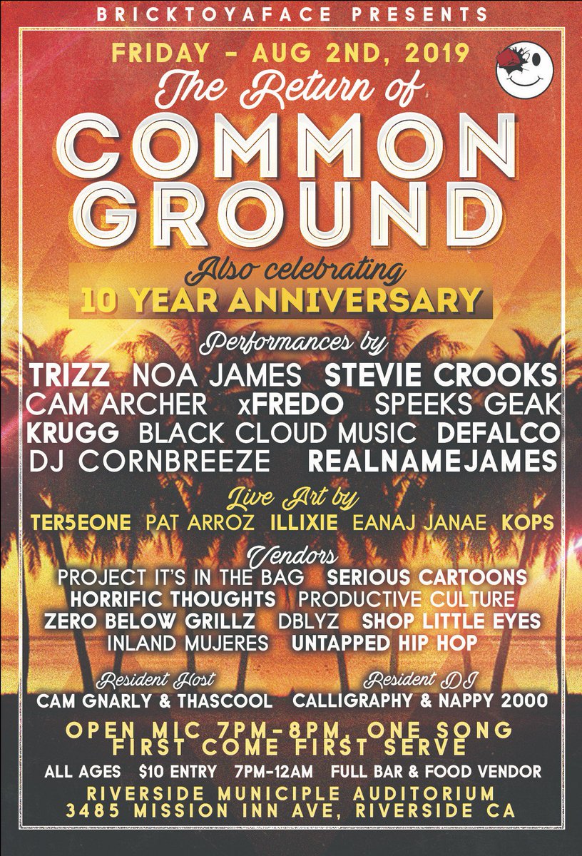 BrickToYaFace's tweet photo. FRIDAY!!! It’s The Common Ground is back w/ performances by @Tr1zz @NoaJames @StevieCrooks @CamArcher @xfredo @SpeeksGeak909 @blackcloudmusic @TheRealDeFalco @cornBREEZUS &amp; @jamesanthony909 | ALL AGES | tickets at https://t.co/iW4gOaNctj | Open Mic from 7p-8p | full bar https://t.co/ES19R9OCCx