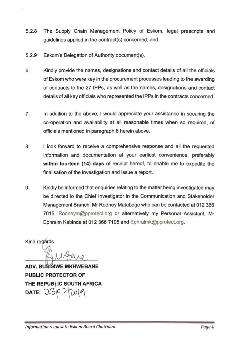 PP Adv Mkhwebane to Eskom:

We're investigating IPPs based on Anti-Poverty Forum's complaint who allege:

1. Politicians pressured Eskom to sign IPPs

2. Eskom buys IPPs at 223c kWh & sell at 89c kWh. About R21bn p.a. loss

3. IPP benefits Banks, overseas investors & BEE partners