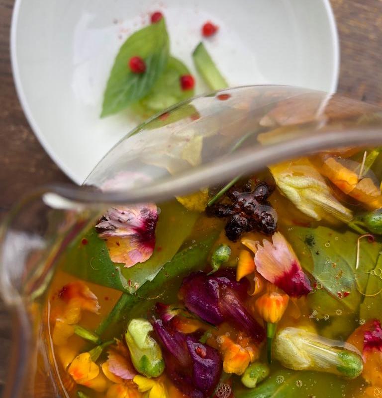 A fresh take on Gazpacho 🥰Can you spot the tomatoes? 
Transparent Gazpacho served on osmosis Green Tomatoes &amp; Cucumber with Strawberries pearl