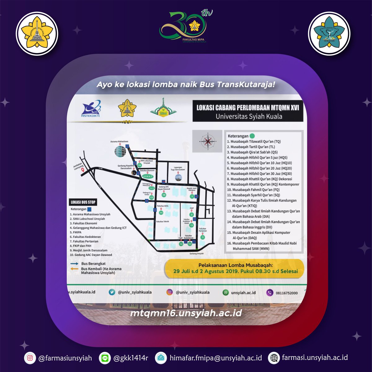 Mari sukseskan MTQ Mahasiswa Nasional XVI di Universitas Syiah Kuala.

Semangat mahasiswa Farmasi dalam Kafilah Unsyiah, semoga mendapatkan hasil terbaik.

Kuy dukung langsung, bisa naik TransK yg menjangkau semua lokasi. 

Cek app MTQMN XVI &amp; live stream mtqmn16.unsyiah.ac.id