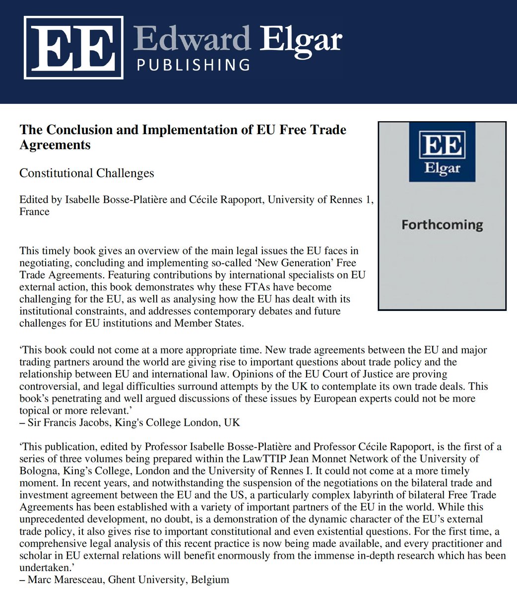 JMN_LAwTTIP's tweet photo. The @JMN_LAwTTIP is pleased to announce that the I volume of the LAwTTIP Book Series (edited by I. Bosse-Platière and Cécile Rapoport) will be published by @ElgarPublishing by the end of 2019! Have a look at https://t.co/zxbGRG5H7x! https://t.co/zbJKGOYd0J