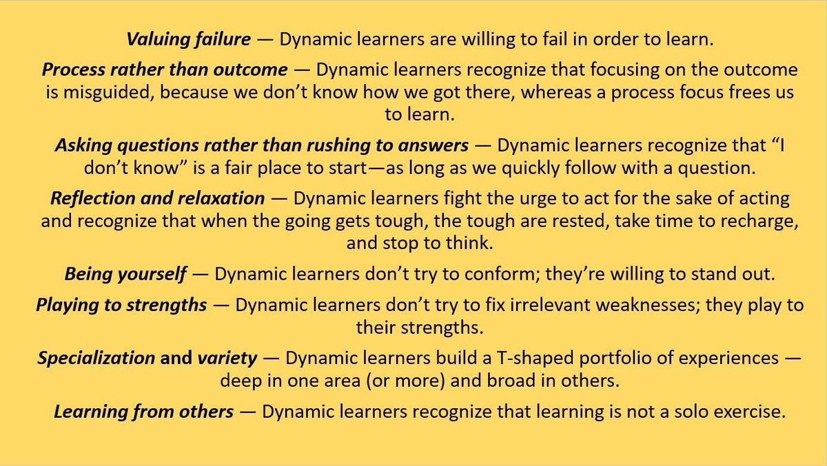 Giannilostorto's tweet image. For @brstaats, author of #NeverStopLearning, these are the 8 key elements to being a #DynamicLearner in this #LearningAge. I especially love number 7: Specialization and Variety #lifelargelearning #agile #broadexperience