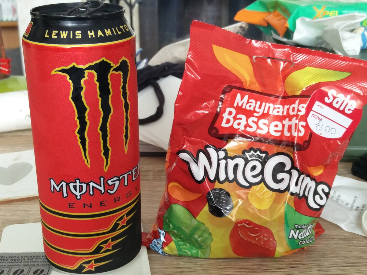 FossilizedMunch's tweet image. Race prep for the #GermanGP done. I prepared with a @LewisHamilton monster energy and some wine gums. @MercedesAMGF1 @SkySportF1 #crofty