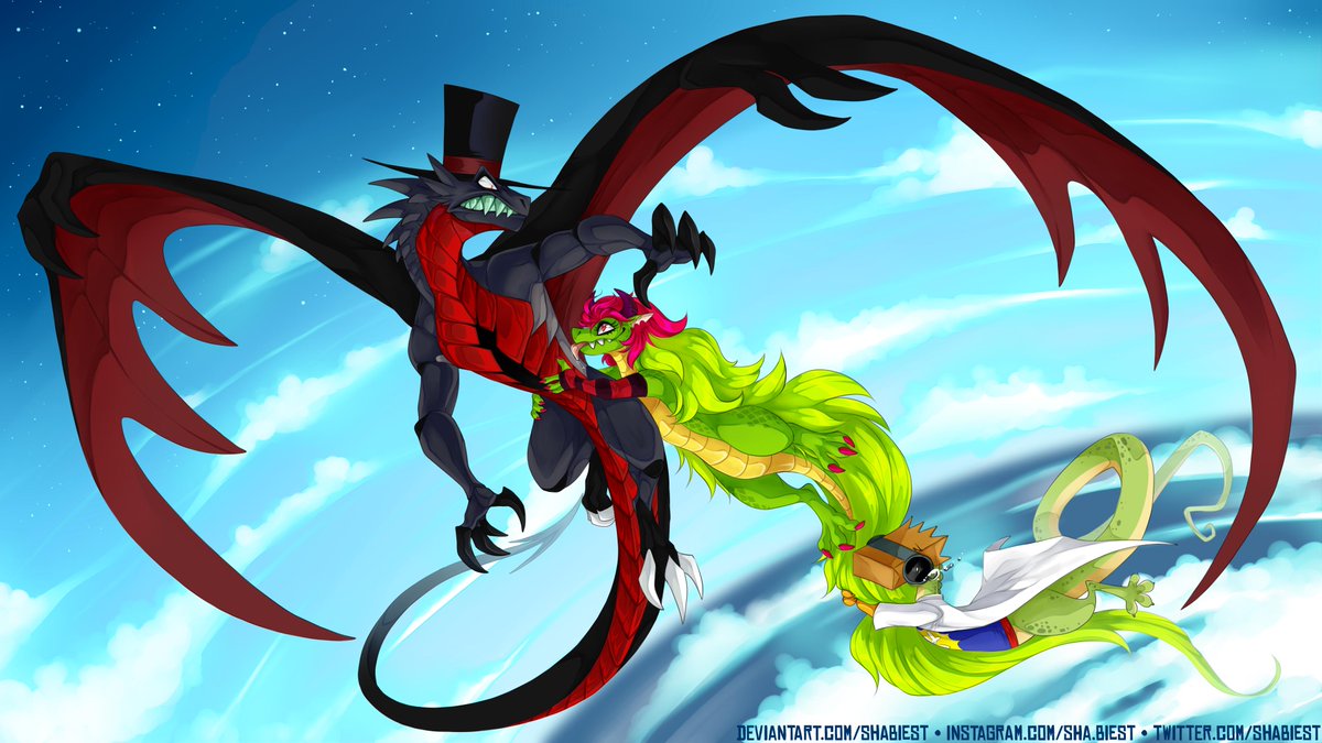 ShaBiest's tweet image. This is what I've been drawing all day long and I'm really satisfied with the outcome! Black Hat just wanted to take a relaxing flight... he got himself some extra luggage though.
#Villainous_AU #Villainous #Blackhat #black_hat #Demencia #Dementia #DrFlug #dragon #digitalart