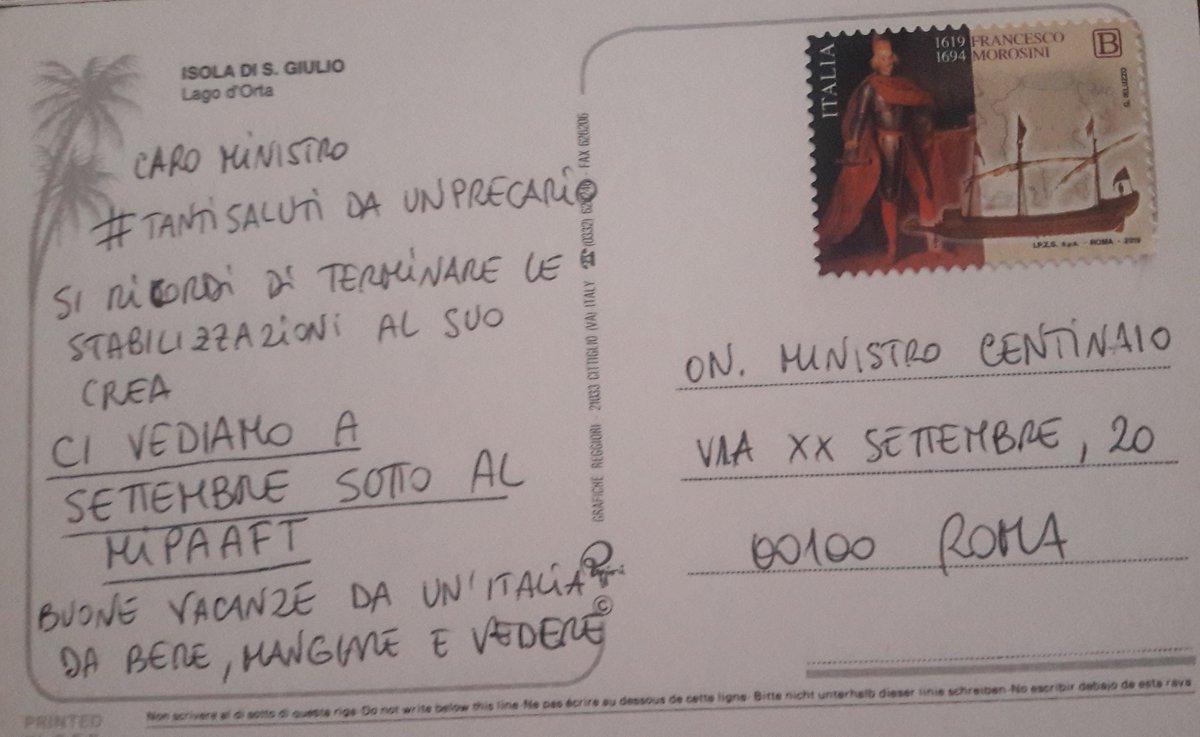 federic23965418's tweet photo. Caro Ministro #Centinaio, #tantisalutidaunprecario da un'Italia da vedere, mangiare e bere. Si ricordi di terminare le #stabilizzazioni al suo #Crea. Ci vediamo a settembre sotto il Mipaaft‼️ 
Vogliamo poter scrivere #Promessofatto ‼️
@giamma71,@Mipaaft, @AlePesce_mipaaf https://t.co/xU9jqlU1il