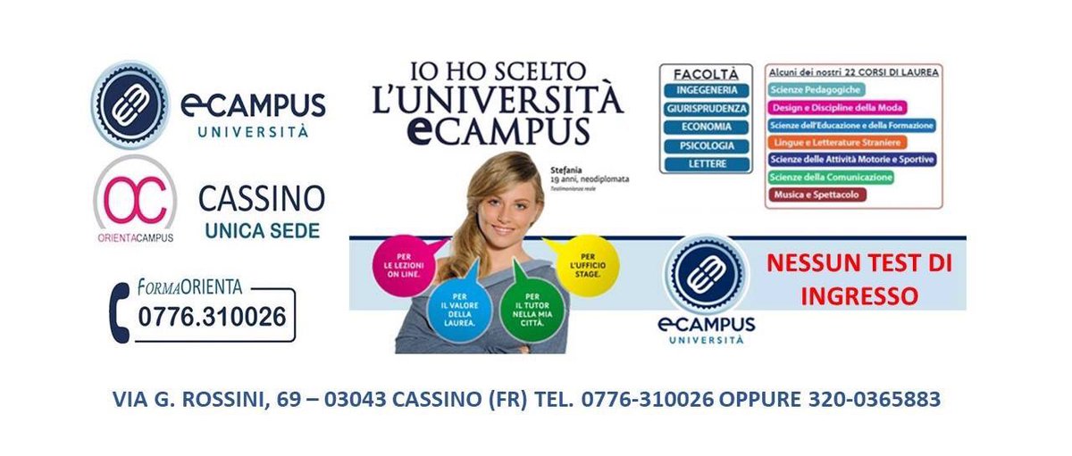 MariannaVarlese's tweet photo. ORIENTA CAMPUS SEDE DI CASSINO

Per maggiori informazioni contattaci allo 0776-310026 oppure 320-0365883.
Vieni a trovarci nella nostra sede di Cassino in Via G. Rossini, 69 - 03043 Cassino (FR)
#orientacampuscassino#cassino#frosinone#università#universitàtelematica#laurea#master https://t.co/KpECuNxrWV