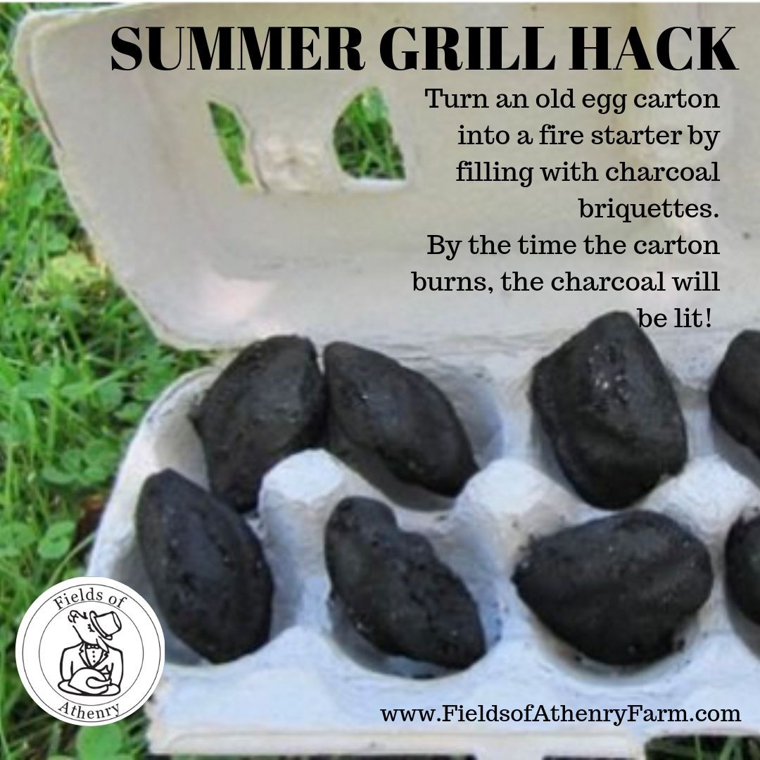 Turn your old egg cartons into handy fire starters! Just fill with charcoal briquettes. By the time the carton burns, the coals will be lit. #Fieldsofathenryfarm #SideSaddleCafe #grillhacks