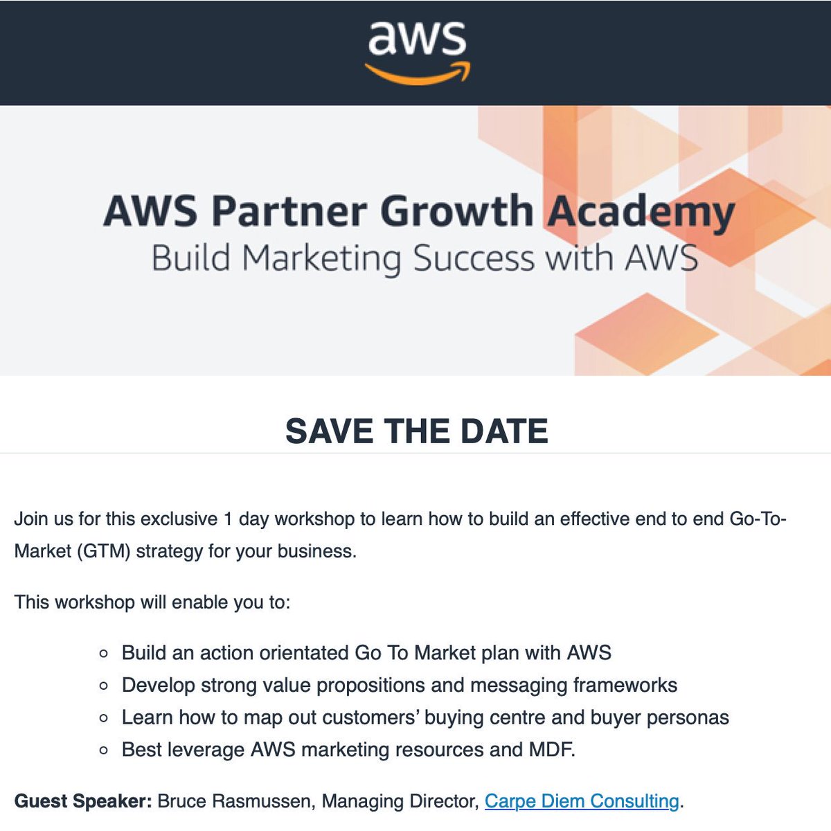 #AWS_Partner_Growth_Academy - looking forward to running the sessions we've built around marketing planning fundamentals in Melbourne on Mon 5th August, and Sydney on Fri 16th August. <a href="/awscloud/">Amazon Web Services</a>