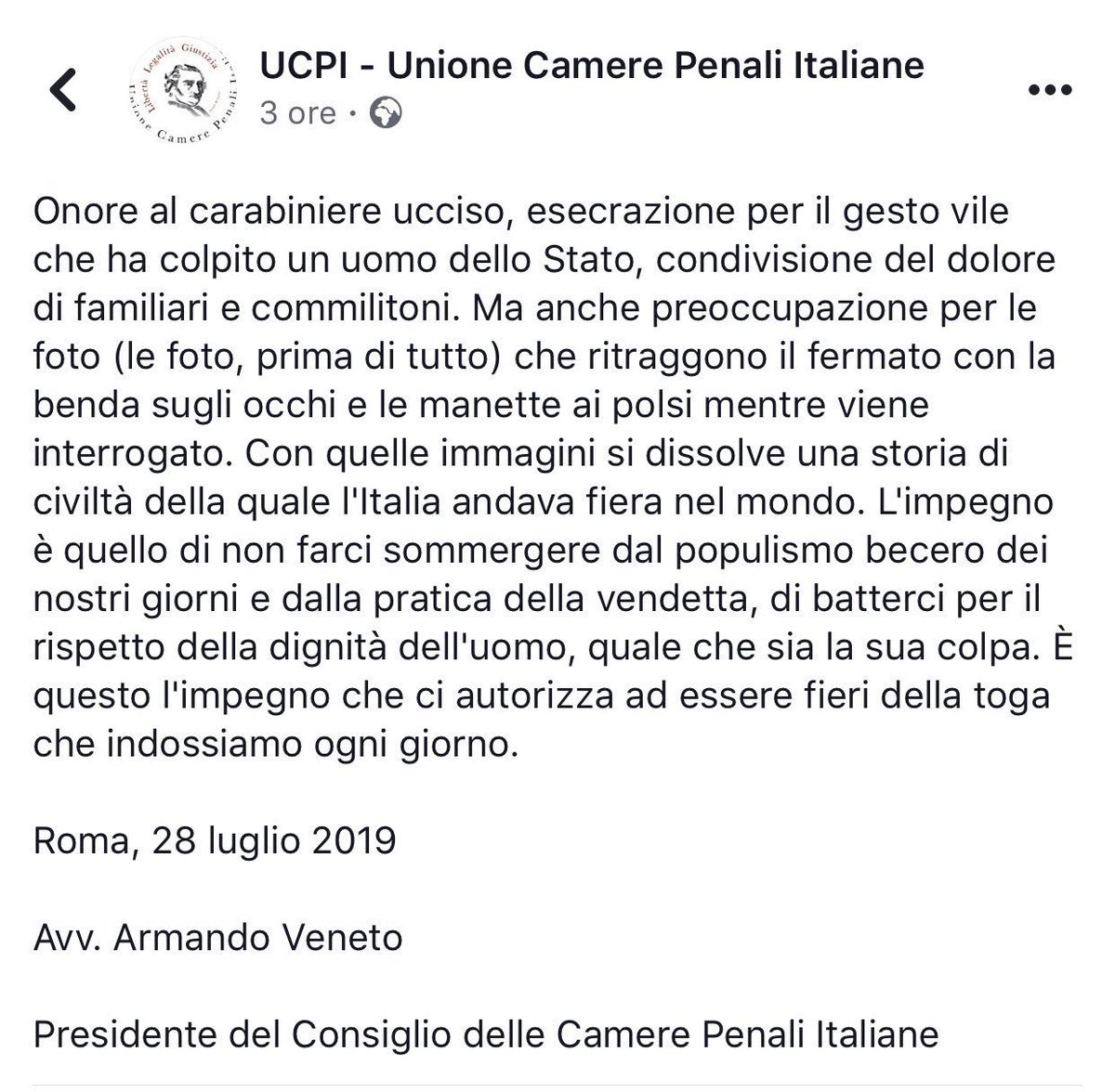 CamerePenali's tweet photo. “Con quelle immagini si dissolve una storia di civiltà della quale l'Italia andava fiera nel mondo. L'impegno è quello di non farci sommergere dal populismo becero e dalla pratica della vendetta, di batterci per il rispetto della dignità dell'uomo, quale che sia la sua colpa” https://t.co/A8Tp9BYSFz