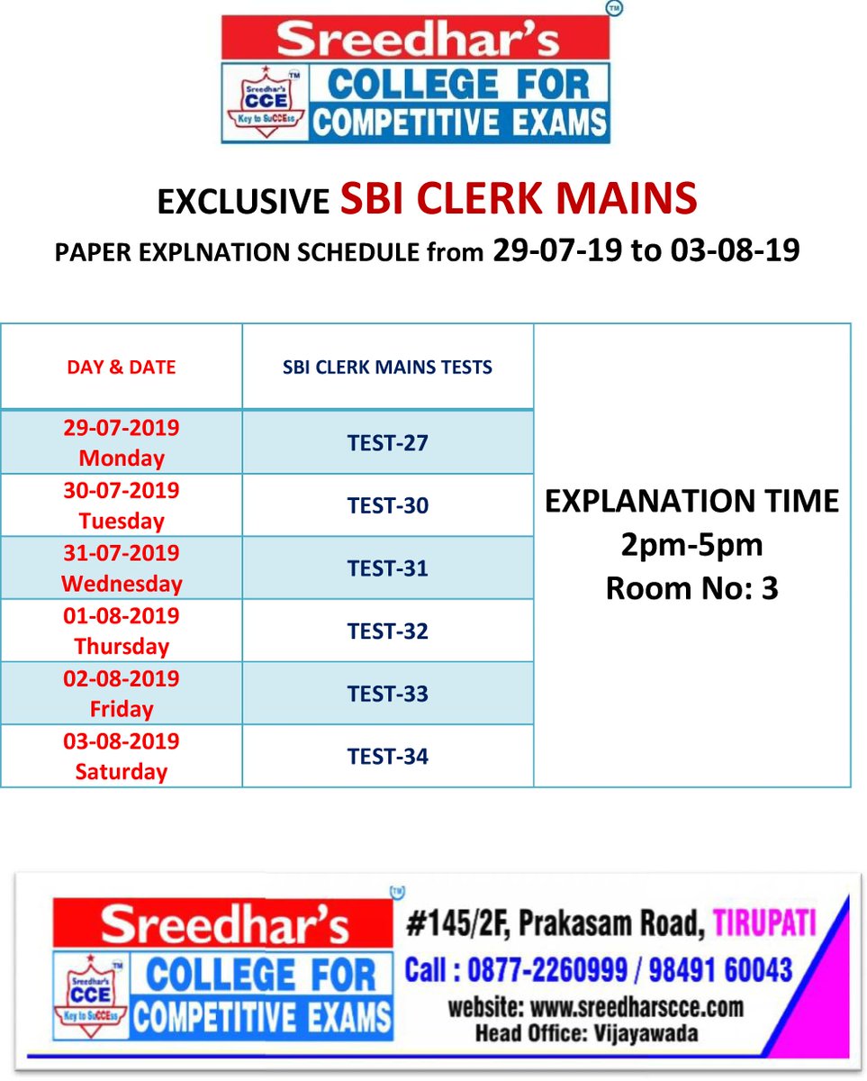 sreedharsccetpt's tweet photo. Exclusive SBI CLERKS MAINS EXAMINATION PAPER EXPLANATION SCHEDULE
#SBI_MAINS_PAPER_EXPLANATION_2019
#BANK_EXAMS #IBPS_POs & #Clerks
#SBI #POs & #Clerks #RBI_Assistants #BANK_PO_PGDBF
#INSURENCE #NIACL #OICL #LIC #UIIC #SSC #CGL #CHSL https://t.co/DHgmt3nqcS