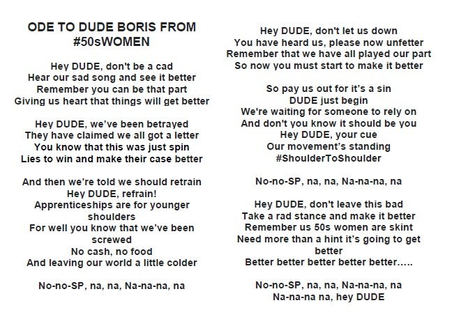 ODE to premier DUDE @BorisJohnson
 on behalf of #50swomen 🎶 Add your own tune😜 
#BackTo60 #OneVoice #WePaidInYouPayOut #waspicampaign2018 #shouldertoshoulder