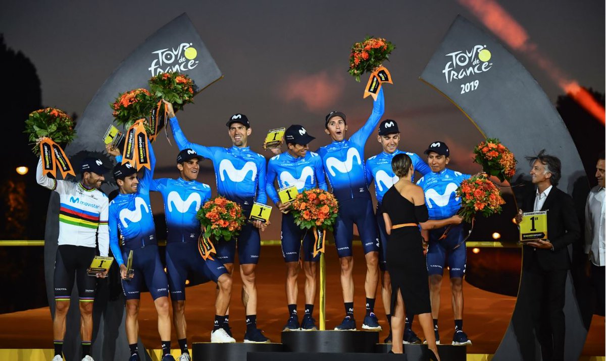 Canal1_Col's tweet photo. El @Movistar_Team de Nairo Quintana se consagró por cuarta vez campeón por equipos del Tour de Francia. https://t.co/j4vdBWX2eo

#TDF2019 https://t.co/aSvGjPVkTw