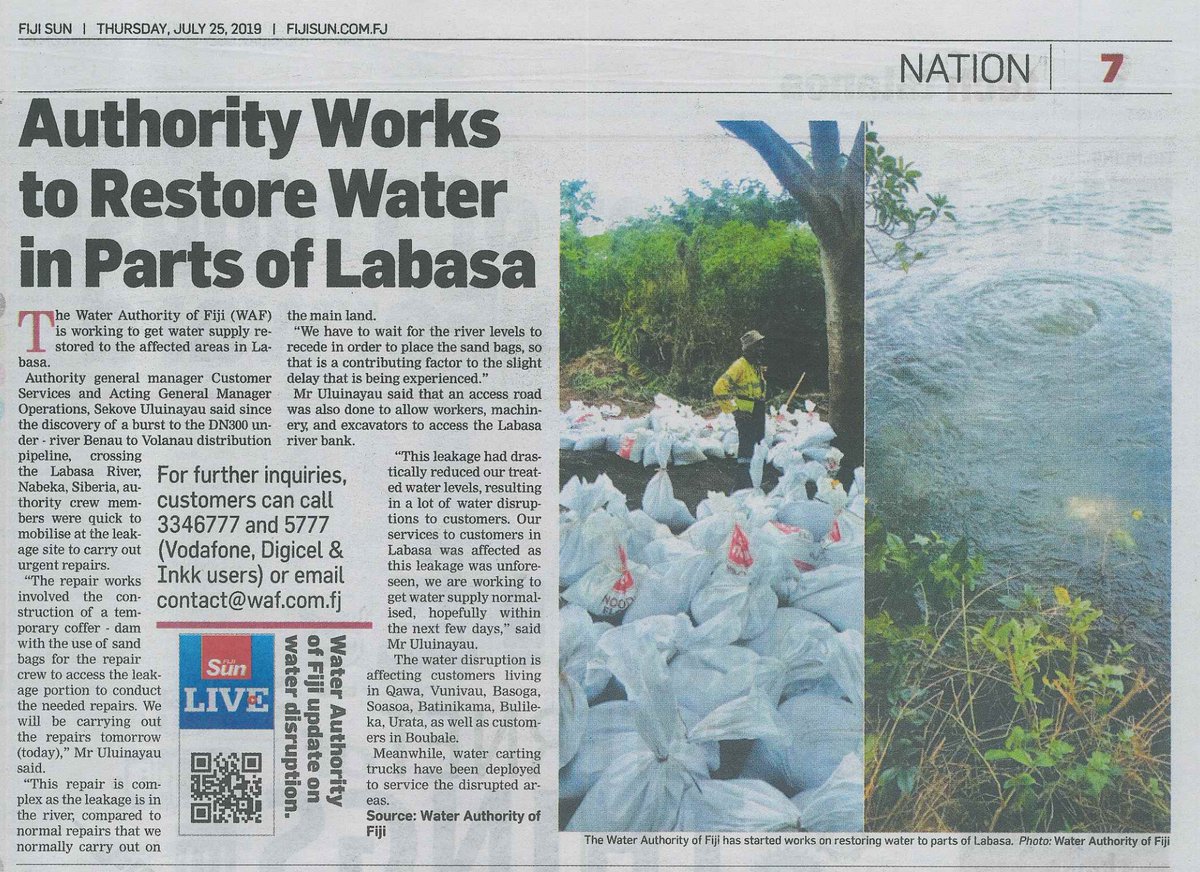 waf_fiji's tweet photo. Check out the latest updates concerning repair efforts 🛠 to the burst #DN300 pipeline in the Labasa River which featured in the @sun_fiji newspaper.
#FijiNews #labasa #watersupply #wafupdates https://t.co/wRvpzqHnlp