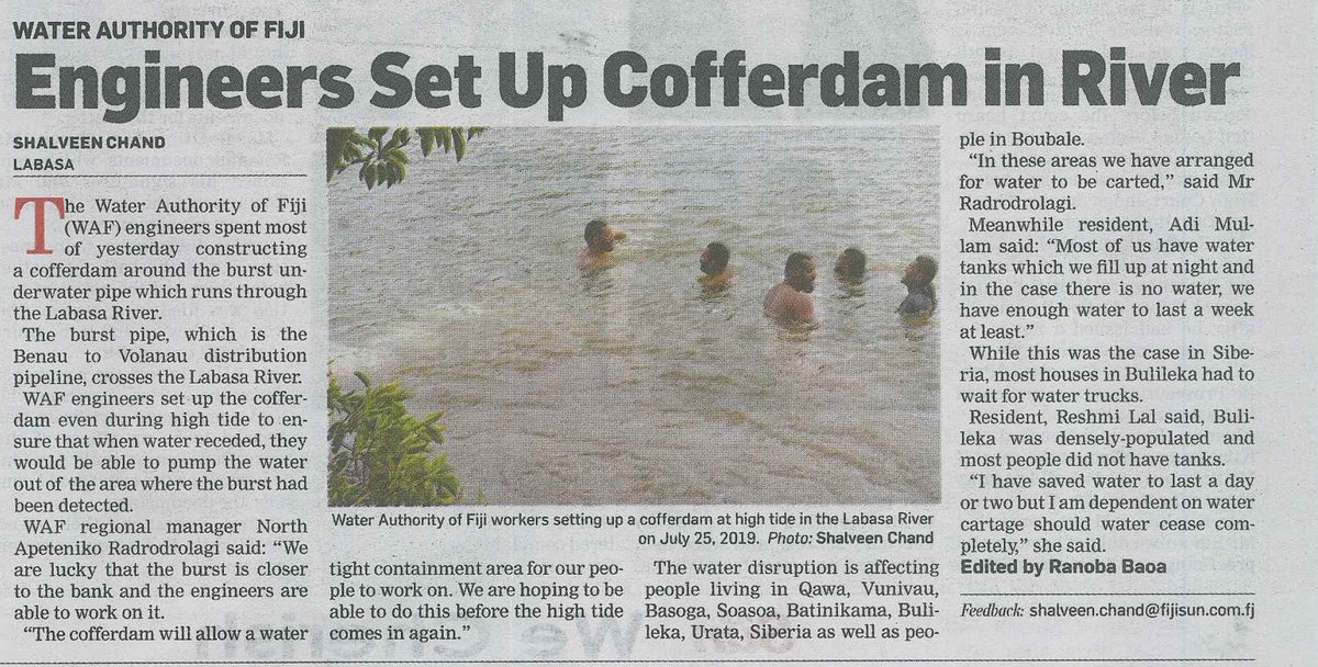 waf_fiji's tweet photo. Check out the latest updates concerning repair efforts 🛠 to the burst #DN300 pipeline in the Labasa River which featured in the @sun_fiji newspaper.
#FijiNews #labasa #watersupply #wafupdates https://t.co/wRvpzqHnlp