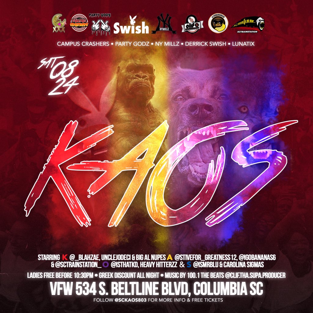 _PrettyFierce's tweet photo. 📅Saturday August 24
#SCKAOS803 🐰♦️🐵🍌🐶⚡️🐺🔹
📍VFW 534 S. Beltline Blvd Columbia, SC
🎧Music by 100.1 The Beats @CLIF_GOT_BEATZ
#BC23 #BC22 #BC21 #BC20 #AU23 #AU22 #AU21 #AU20 #USC23 #USC22 #USC21 #USC20 #SCSU #CU #FMU #CCU #WU #MOCO #VC #USCU #USCA #LU https://t.co/2sYieUi5ZJ