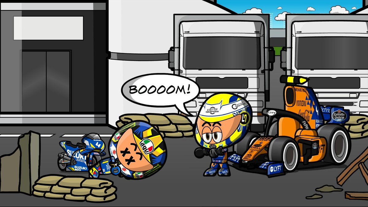 MiniWarBot's tweet image. Joan Mir has been defeated by Lando Norris. Norris steals Mir&apos;s bike. Suzuki disappeared from the grid.

Joan Mir ha sido derrotado por Lando Norris. Norris le roba la moto a Mir. Suzuki desaparece de la parrilla.

#MiniWarBot