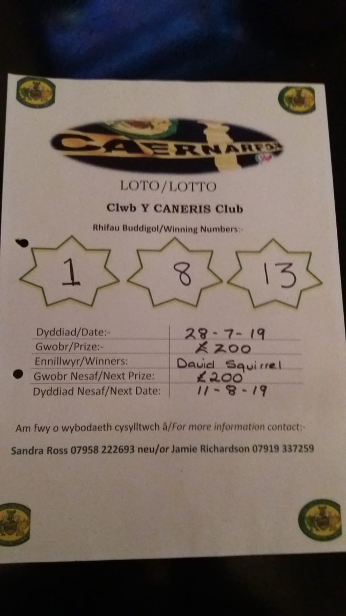 ClwbCanaries's tweet photo. Today’s numbers 1,8,13.                   1 winner David Squirrel £200     Next draw 11/08/19 £200 jackpot💛💚 https://t.co/ZtasqHKQLQ