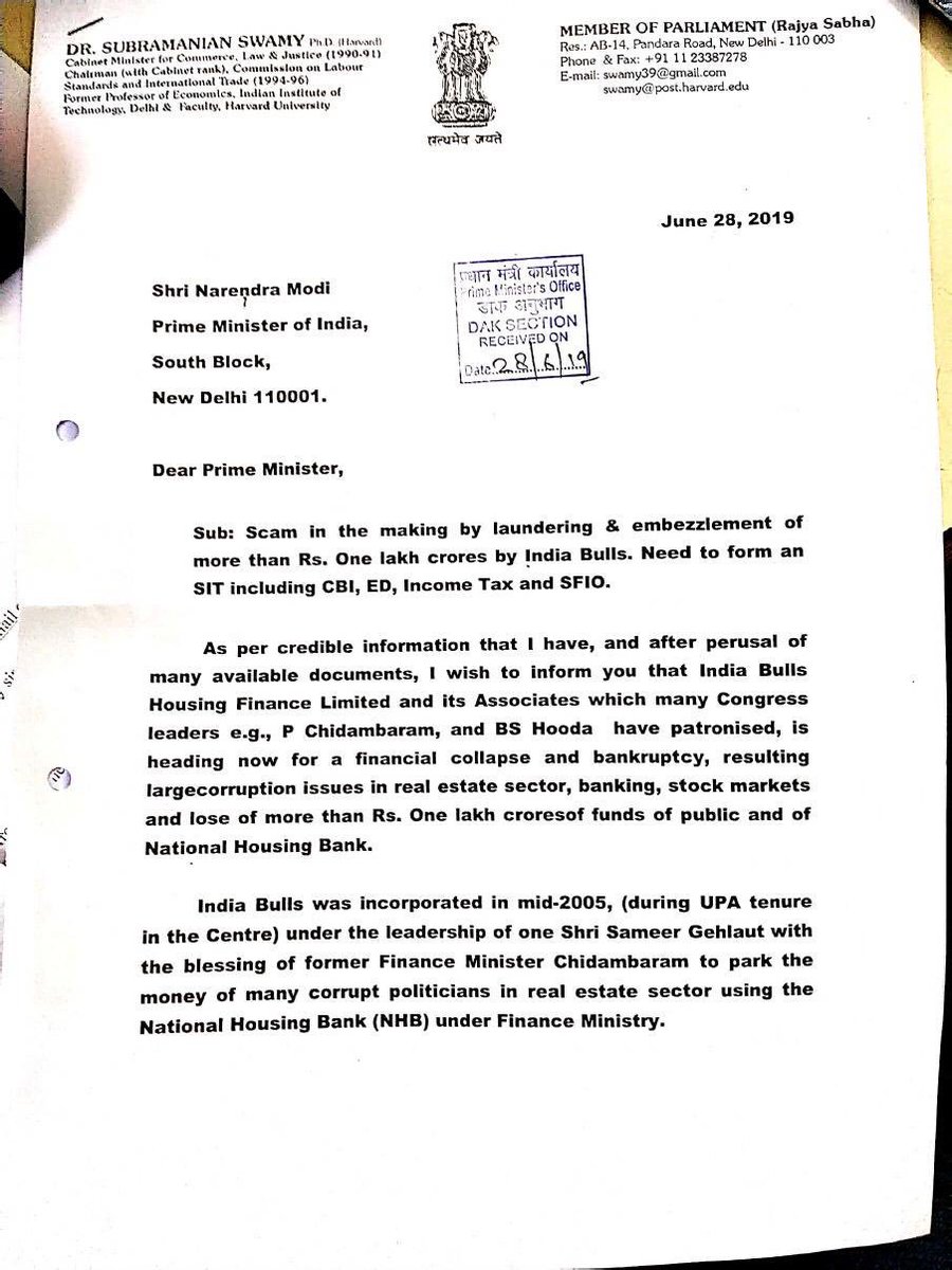 TejiMandiApp's tweet photo. Letter by Subramanian Swamy to PM’s office about India Bulls Housing Finance Rs. 1 lakh crore scam. What is your opinion of this letter? https://t.co/60GSmvwPdZ