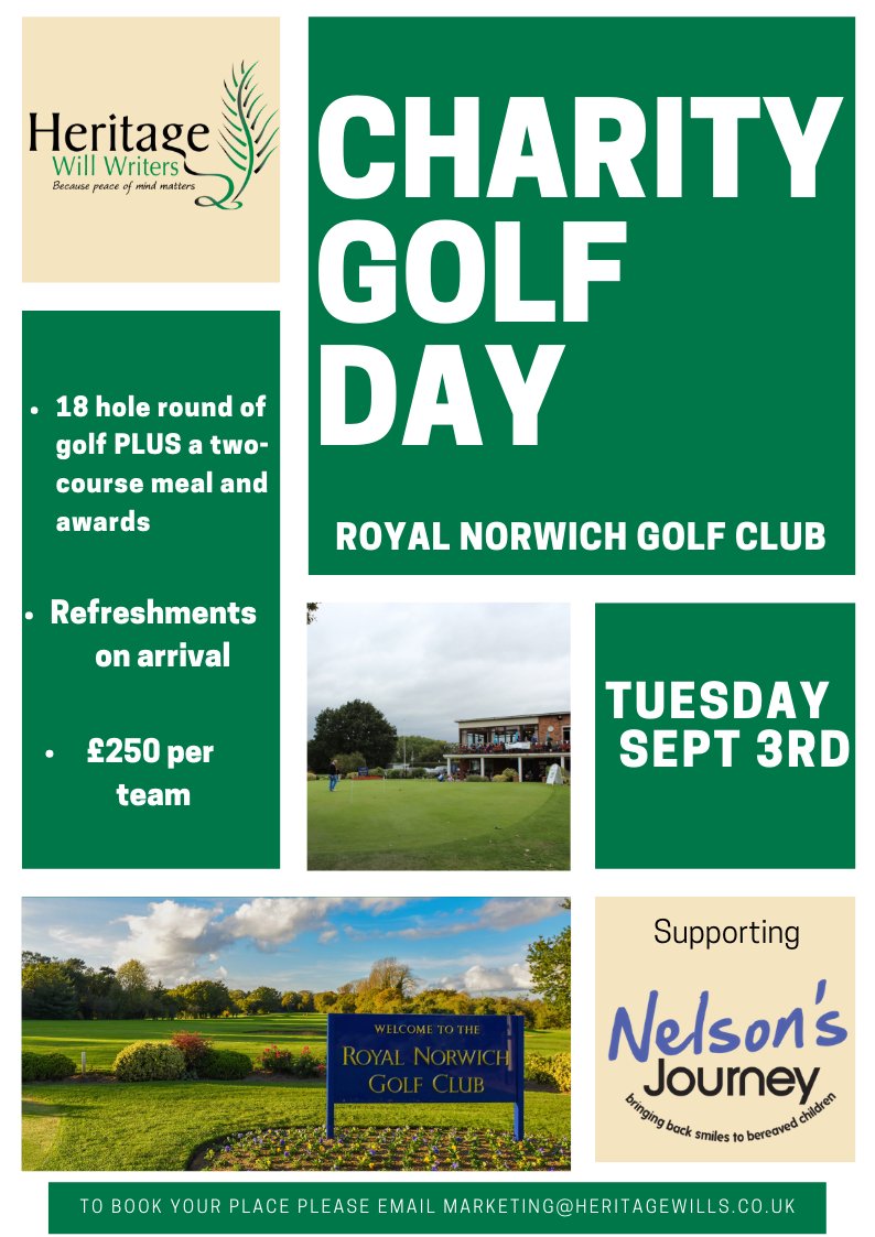 heritagewills's tweet photo. Play golf? Want the opportunity to be one of the last people to play a round on the historic  @RoyalNorwichGC Course? Book your team on our Charity Golf day today #Norwich #Golf #BookYourTeam #TexasScramble #Charity https://t.co/UNyuhL7qsU