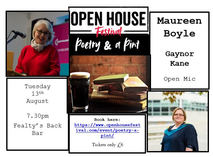 BangorLiterary's tweet image. Not many tickets remaining for the amazing @BoyleMo, supported by the wonderful @gaynorkane on Tuesday 13th August, as part of @openhousefest's Poetry and a Pint series.  Book here: openhousefestival.com/event/poetry-a…