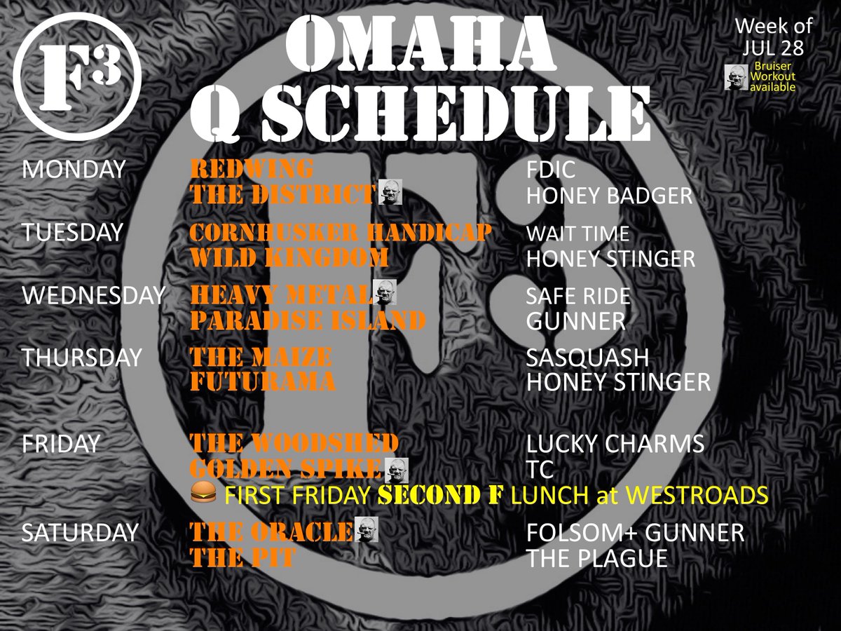 F3Omaha's tweet image. Schedule:
🍯Bit O'Honey at 3 Workouts (Stinger's @BdugginsDuggins 40th Birthday 🎂Q at @F3TheFuture 

👉🏽#DonationDeadline for #ChildrensSquare: Wed Jul 31

🌮Taco Ride on Thurs | Contact Lowman @phaskell 

🍽First Friday #SecondF @omaha2nd Lunch @ @WestroadsMall @flagshipcommons